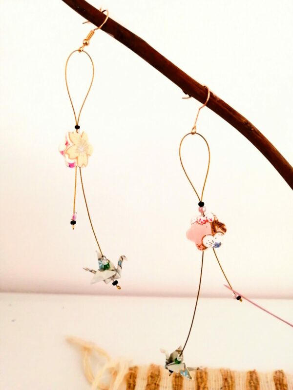 Sakura Earrings with blue crane