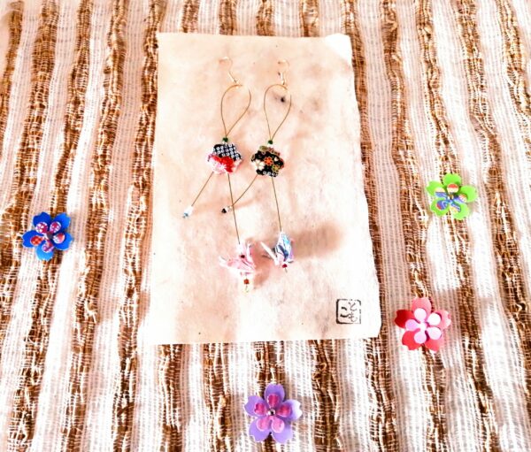 Sakura Earrings with pink crane