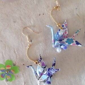 "Tsuru" Earrings – Origami Blue Crane in Yuzen Washi Paper