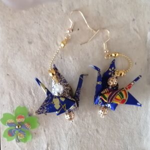 "Tsuru" Earrings – Origami Blue night Crane in Yuzen Washi Paper