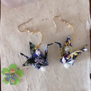 "Tsuru" Earrings – Origami Blue Gold Crane in Yuzen Washi Paper