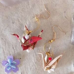 "Tsuru" Earrings – Origami Red Gold Crane in Yuzen Washi Paper