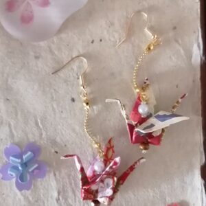 "Tsuru" Earrings – Origami Red Crane in Yuzen Washi Paper