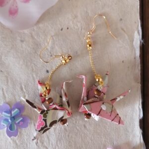 "Tsuru" Earrings – Origami "Pink Wood" Crane in Yuzen Washi Paper