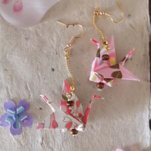 "Tsuru" Earrings – Origami "Wood Pink" Crane in Yuzen Washi Paper
