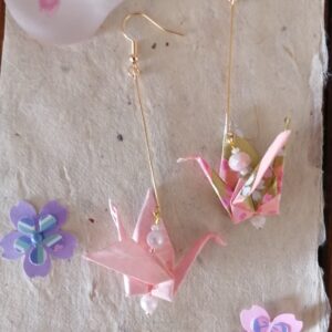 "Tsuru" Earrings – Origami Pink Crane in Yuzen Washi Paper
