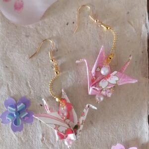 "Tsuru" Earrings – Origami Pink Crane in Yuzen Washi Paper
