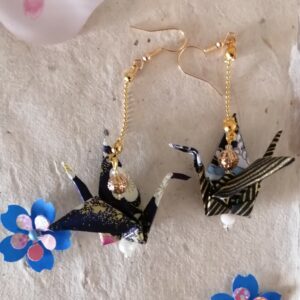 "Tsuru" Earrings – Origami Black Crane in Yuzen Washi Paper