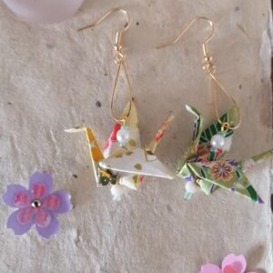 "Tsuru" Earrings – Origami "Nature" Crane in Yuzen Washi Paper