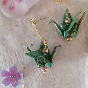 "Tsuru" Earrings – Origami Green Crane in Yuzen Washi Paper