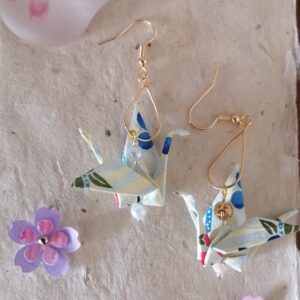 "Tsuru" Earrings – Origami "Blue Nature" Crane in Yuzen Washi Paper