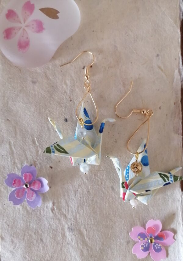 "Tsuru" Earrings – Origami "Blue Nature" Crane in Yuzen Washi Paper
