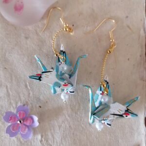 "Tsuru" Earrings – Origami "Blue Sky" Crane in Yuzen Washi Paper