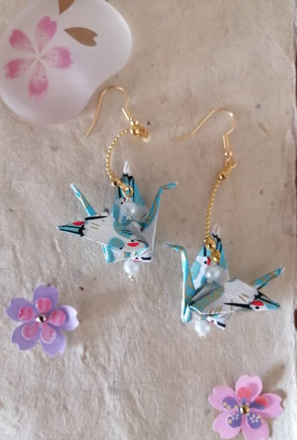 "Tsuru" Earrings – Origami "Blue Sky" Crane in Yuzen Washi Paper