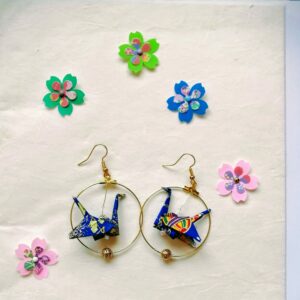 Tsuru ring shape Earrings – Origami Blue night Crane in Yuzen Washi Paper