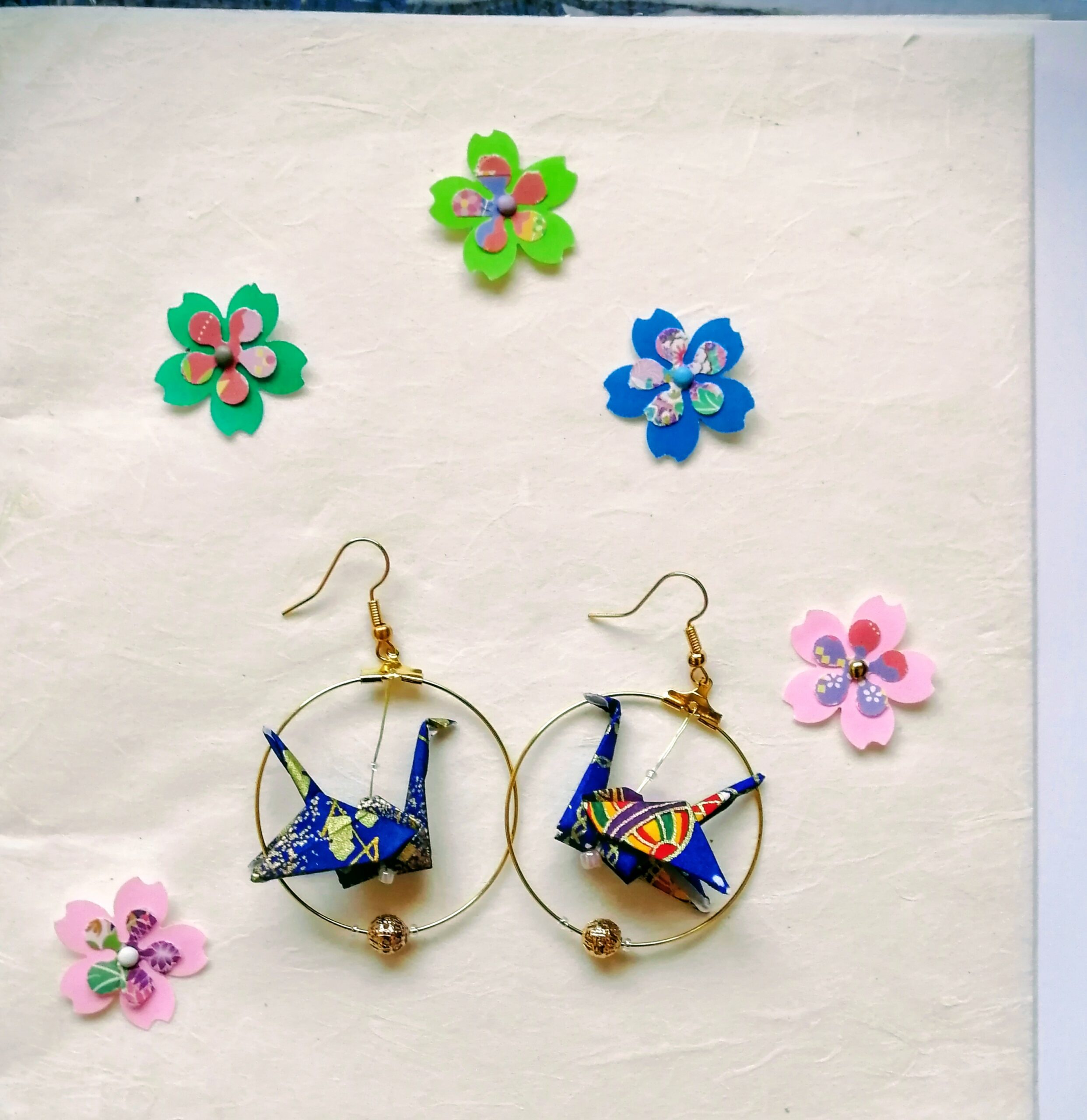 Tsuru ring shape Earrings – Origami Blue night Crane in Yuzen Washi Paper