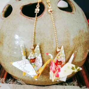 Tsuru Earrings – Origami Nature Crane in Yuzen Washi Paper
