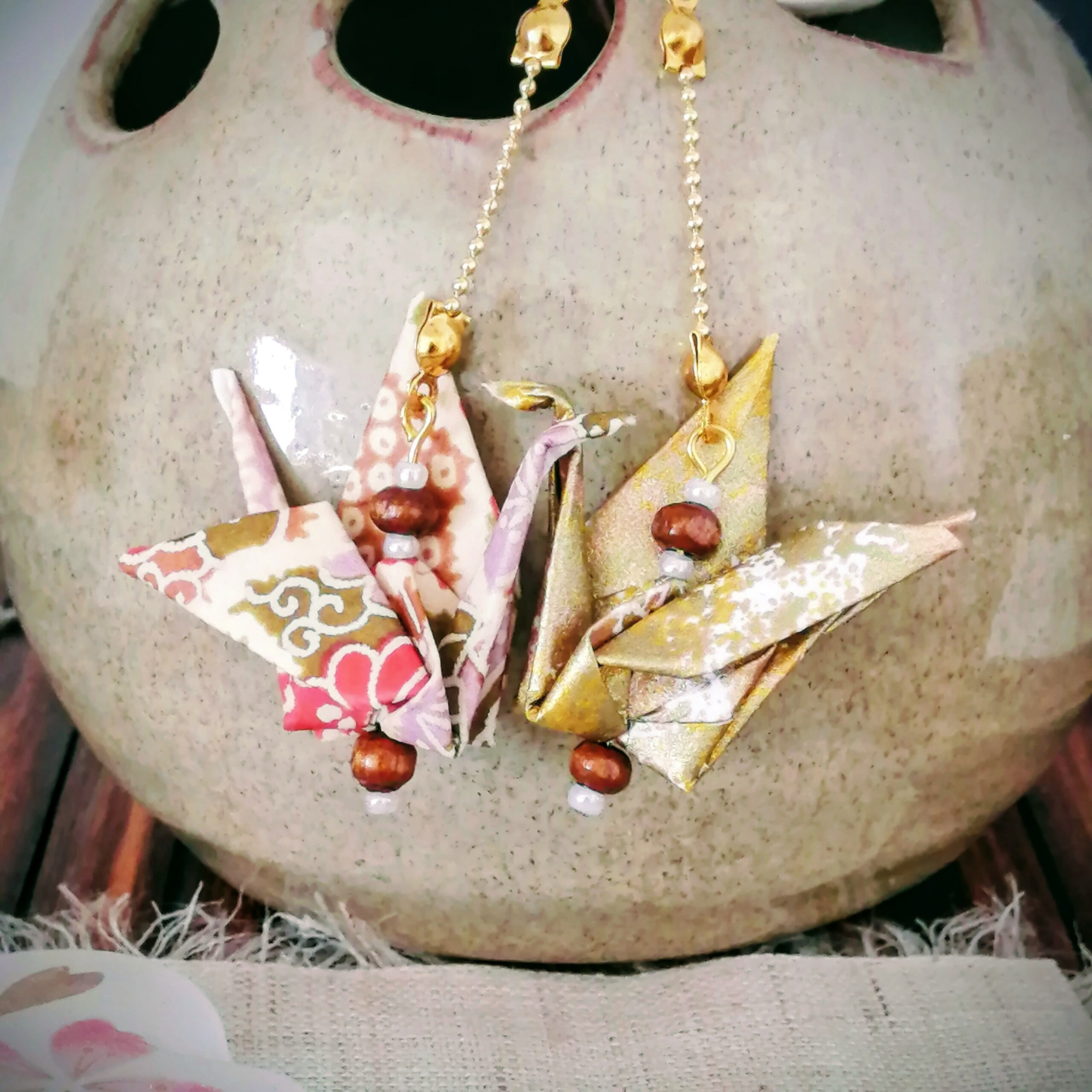 Tsuru Earrings – Origami Crane in Yuzen Washi Paper in Autumn tone