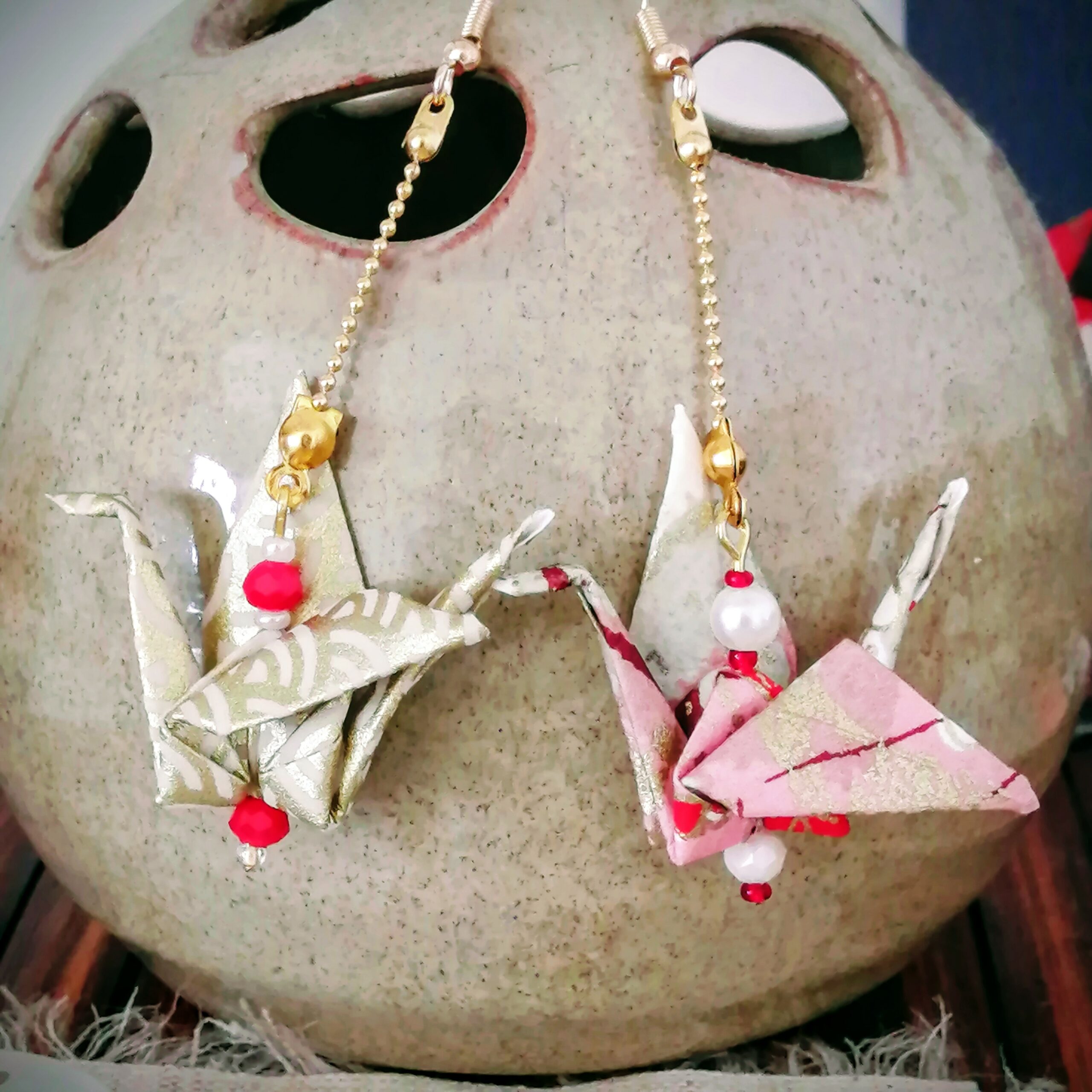Tsuru Earrings – Origami Pink Gold Crane in Yuzen Washi Paper with red pearls