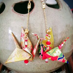 Tsuru Earrings – Origami Red Gold Crane in Yuzen Washi Paper with red pearls