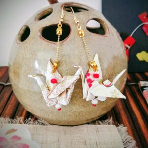 Tsuru Earrings – Origami White Gold Crane in Yuzen Washi Paper with red pearls