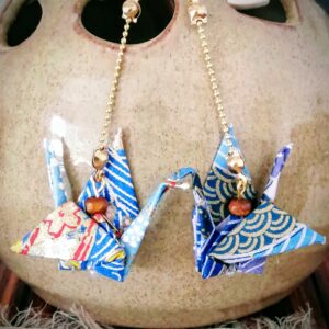 Tsuru Earrings blue wave and flower-toned