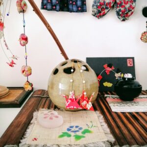 Tsuru Earrings – Origami Red Crane in Yuzen Washi Paper with pearl chain