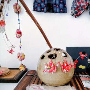 Tsuru Earrings – Origami Flower Red Crane in Yuzen Washi Paper