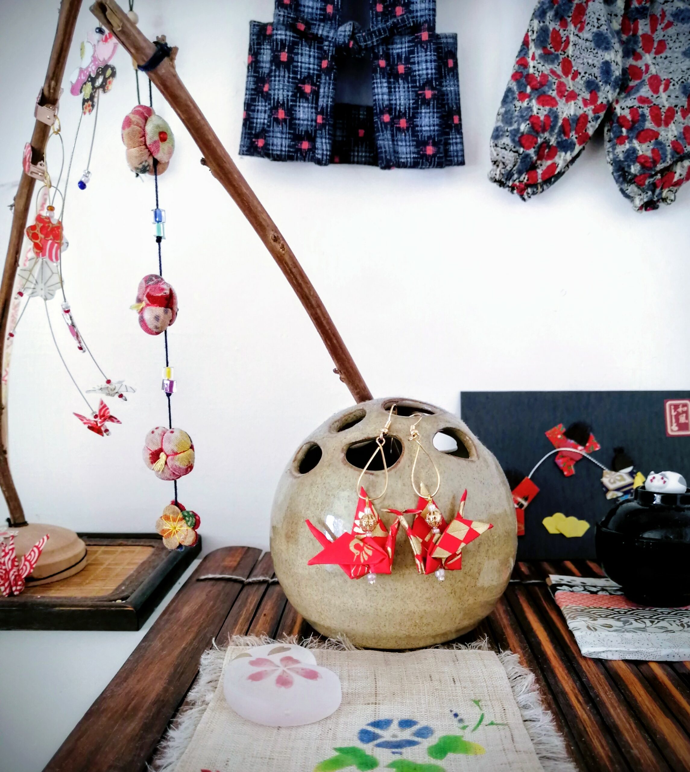 Tsuru Earrings – Origami Red Phenix Crane in Yuzen Washi Paper