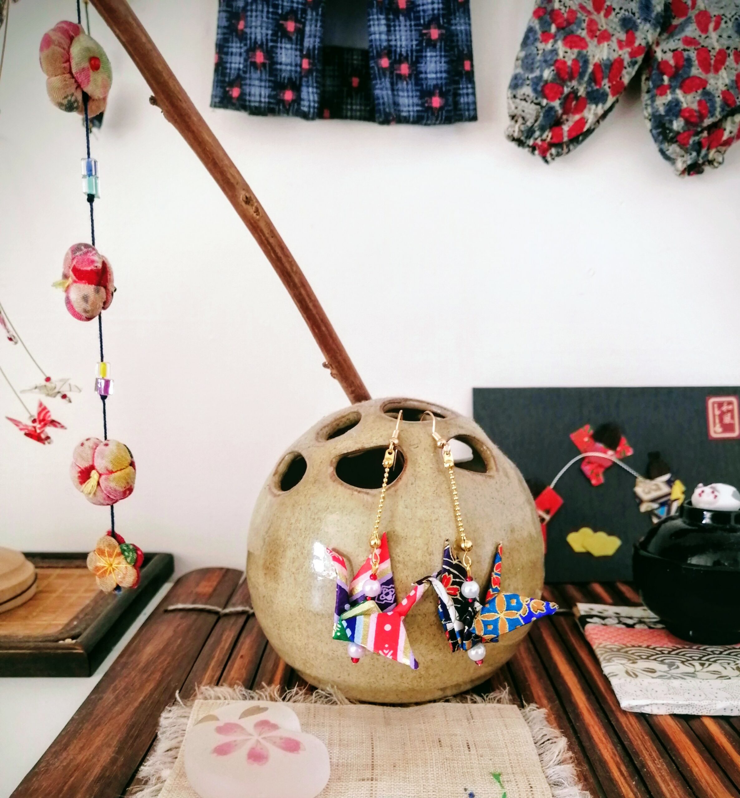 Tsuru Earrings – Origami Arlequin Red Crane in Yuzen Washi Paper