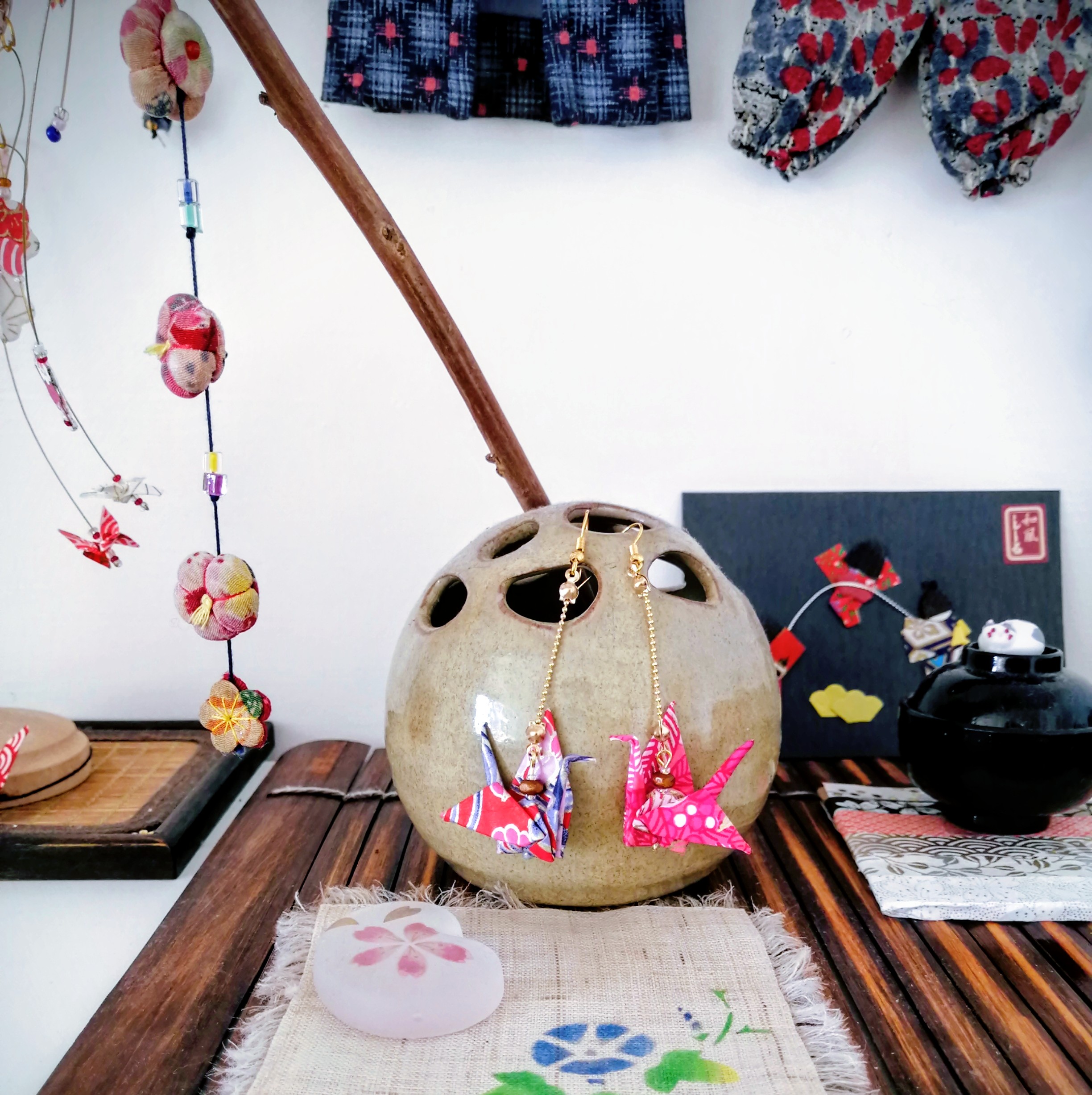 Tsuru Earrings – Origami Flower Pink Red Crane in Yuzen Washi Paper
