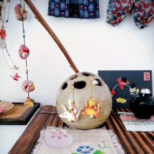 Tsuru Earrings – Origami Summer Crane in Yuzen Washi Paper with wooden pearls