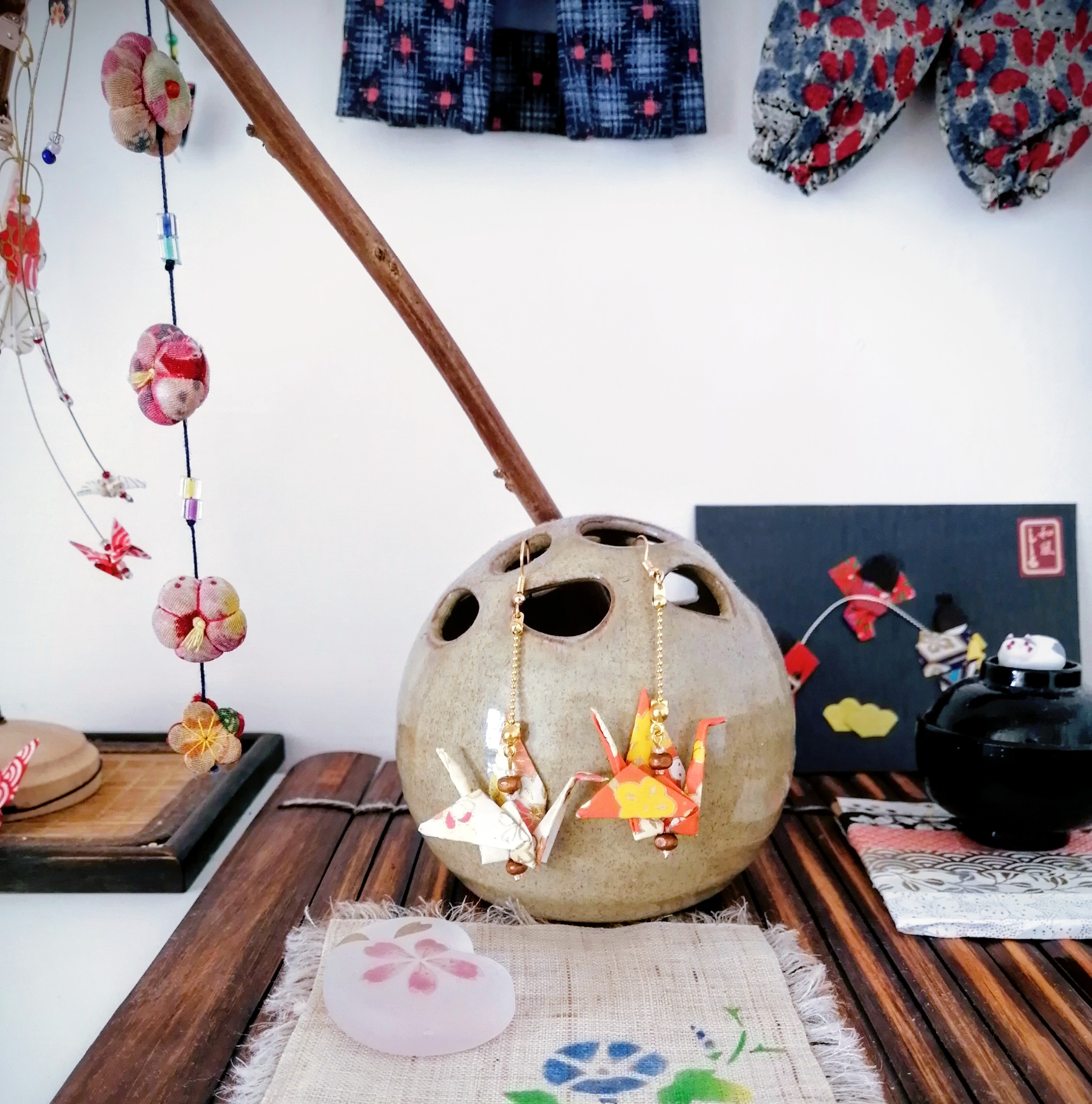 Tsuru Earrings – Origami Summer Crane in Yuzen Washi Paper with wooden pearls