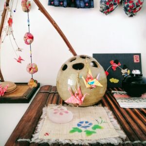 Tsuru Earrings – Origami Yellow Pink Summer Crane in Yuzen Washi Paper