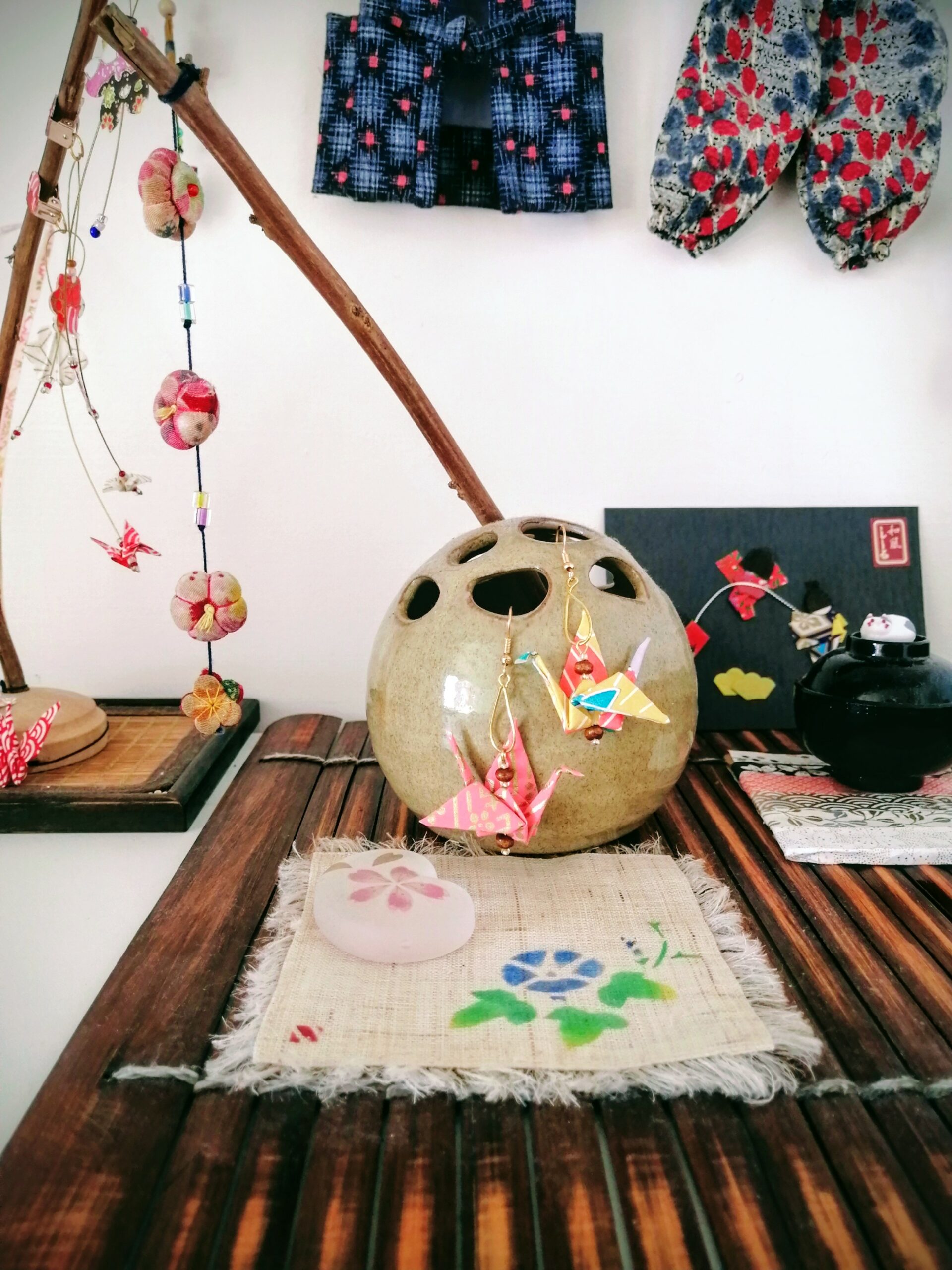 Tsuru Earrings – Origami Yellow Pink Summer Crane in Yuzen Washi Paper