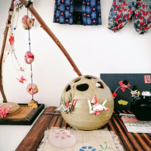 Tsuru Earrings – Origami Green Pink Autumn Crane in Yuzen Washi Paper