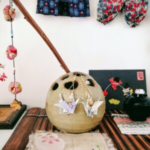 Tsuru Earrings – Origami Clear Blue Gold Crane in Yuzen Washi Paper