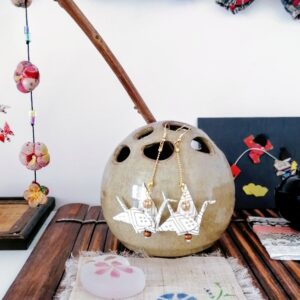 Tsuru Earrings – Origami White Gold Crane in Yuzen Washi Paper