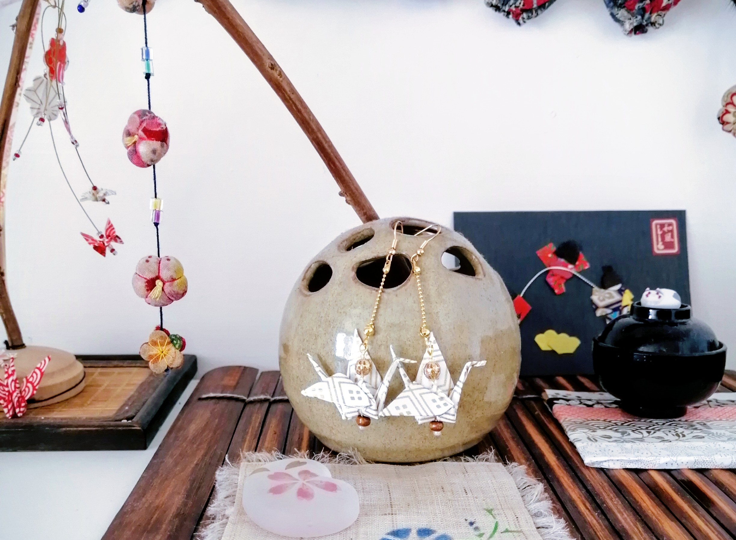 Tsuru Earrings – Origami White Gold Crane in Yuzen Washi Paper