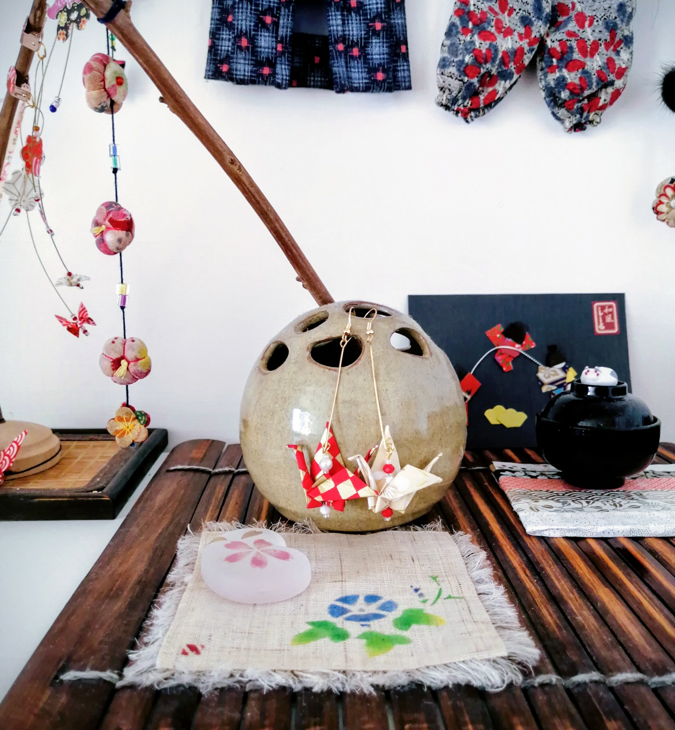 Tsuru Earrings – Origami Red & Gold Crane in Yuzen Washi Paper