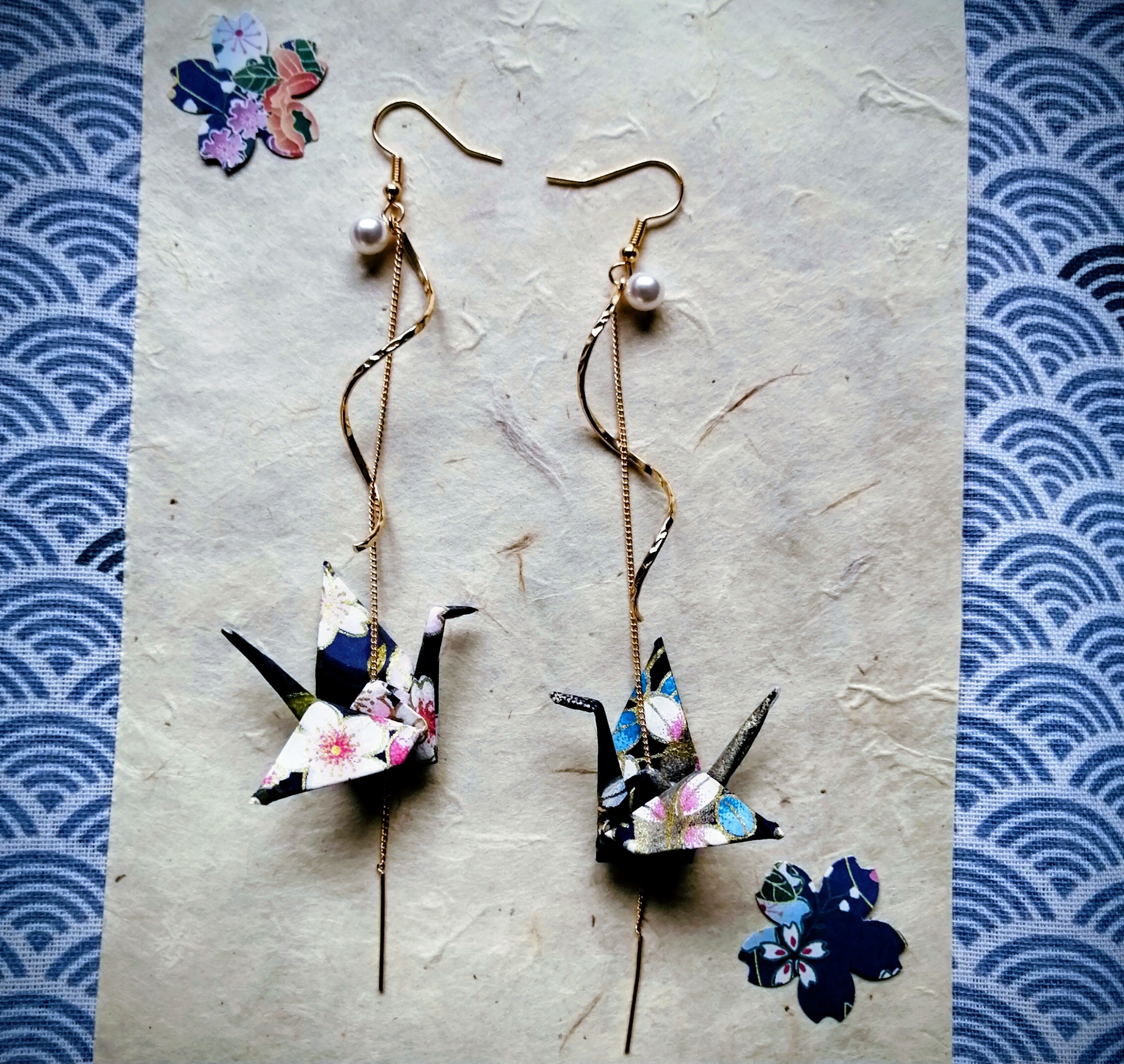 Tsuru Earrings – Origami Spiral Night Blue Flower Colored Crane in Yuzen Washi Paper