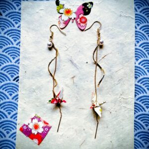 Tsuru Earrings – Origami Spiral Summer Colored Tiny Crane in Yuzen Washi Paper