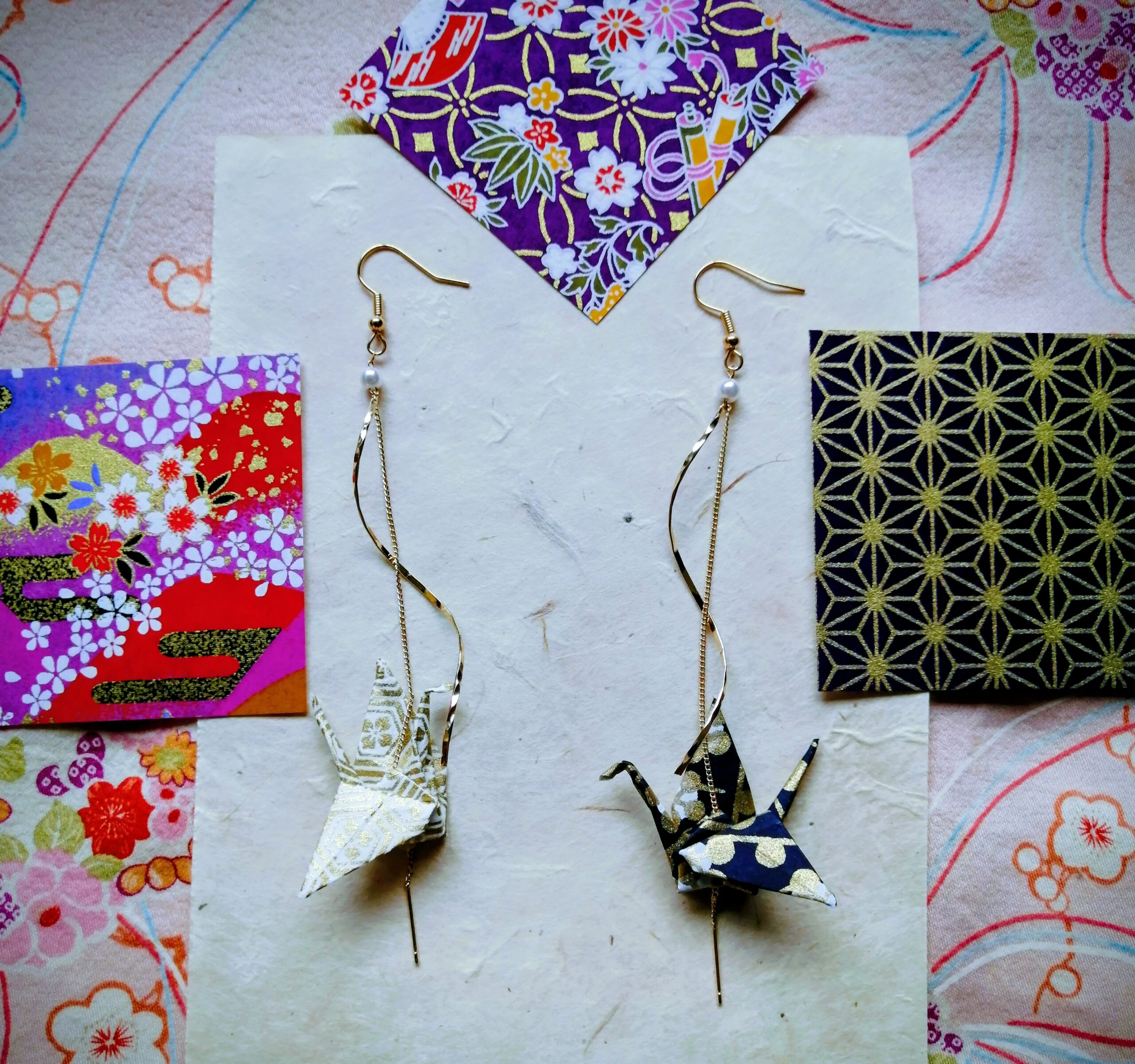 Tsuru Earrings – Origami Spiral Gold and Black Colored Crane in Yuzen Washi Paper