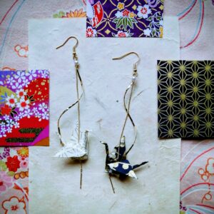 Tsuru Earrings – Origami Spiral Gold White and Black Colored Crane in Yuzen Washi Paper