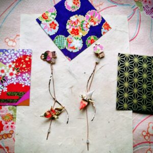 Tsuru Earrings – Origami Spiral Pink summer Colored Tiny Crane in Yuzen Washi Paper with Clips