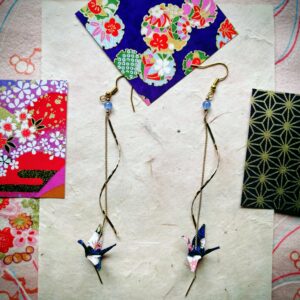 Tsuru Earrings – Origami Spiral Blue Night flower Colored Tiny Crane in Yuzen Washi Paper