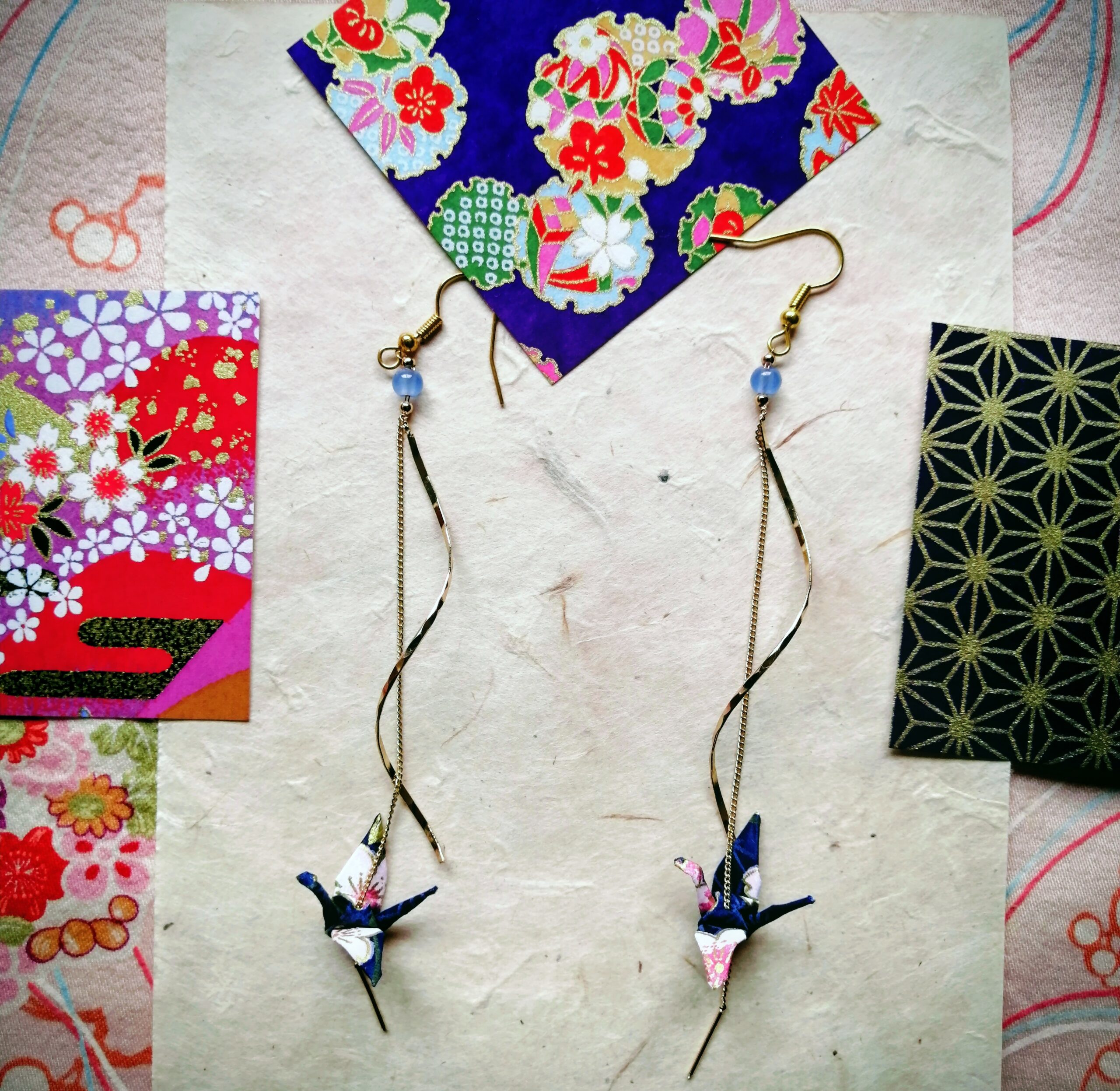 Tsuru Earrings – Origami Spiral Blue Night flower Colored Tiny Crane in Yuzen Washi Paper