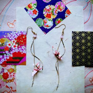 Tsuru Earrings – Origami Spiral Pink Colored Tiny Crane in Yuzen Washi Paper