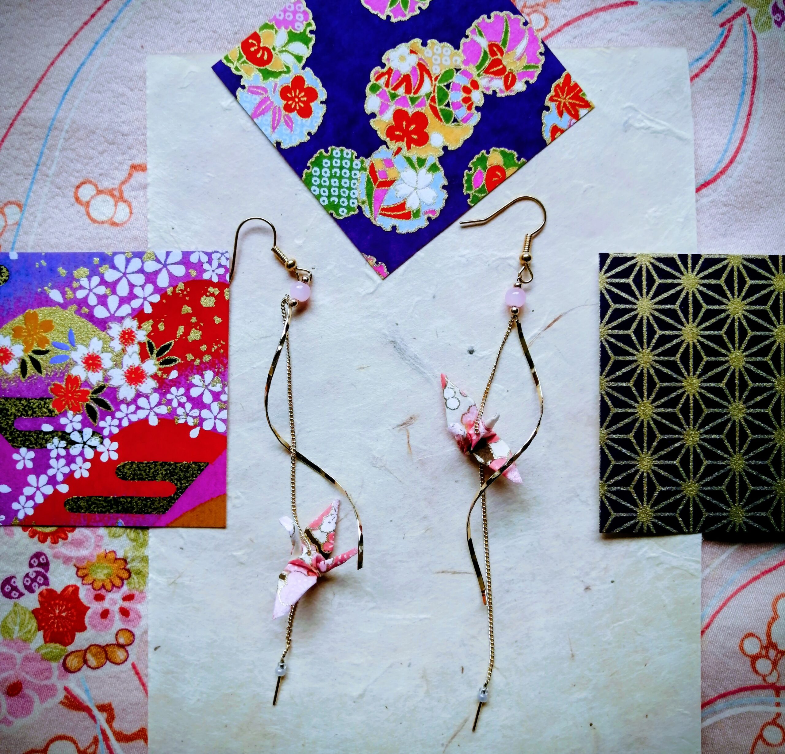 Tsuru Earrings – Origami Spiral Pink Colored Tiny Crane in Yuzen Washi Paper