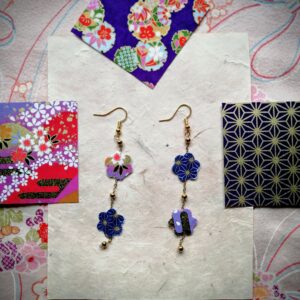 Sakura Petal Middle Long Earrings – Yuzen Washi Paper in Blue tone